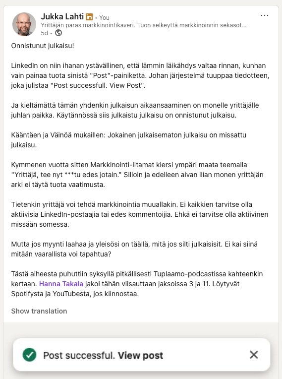 LinkedIn, onnistunut julkaisu LinkedIn, onnistunut julkaisu